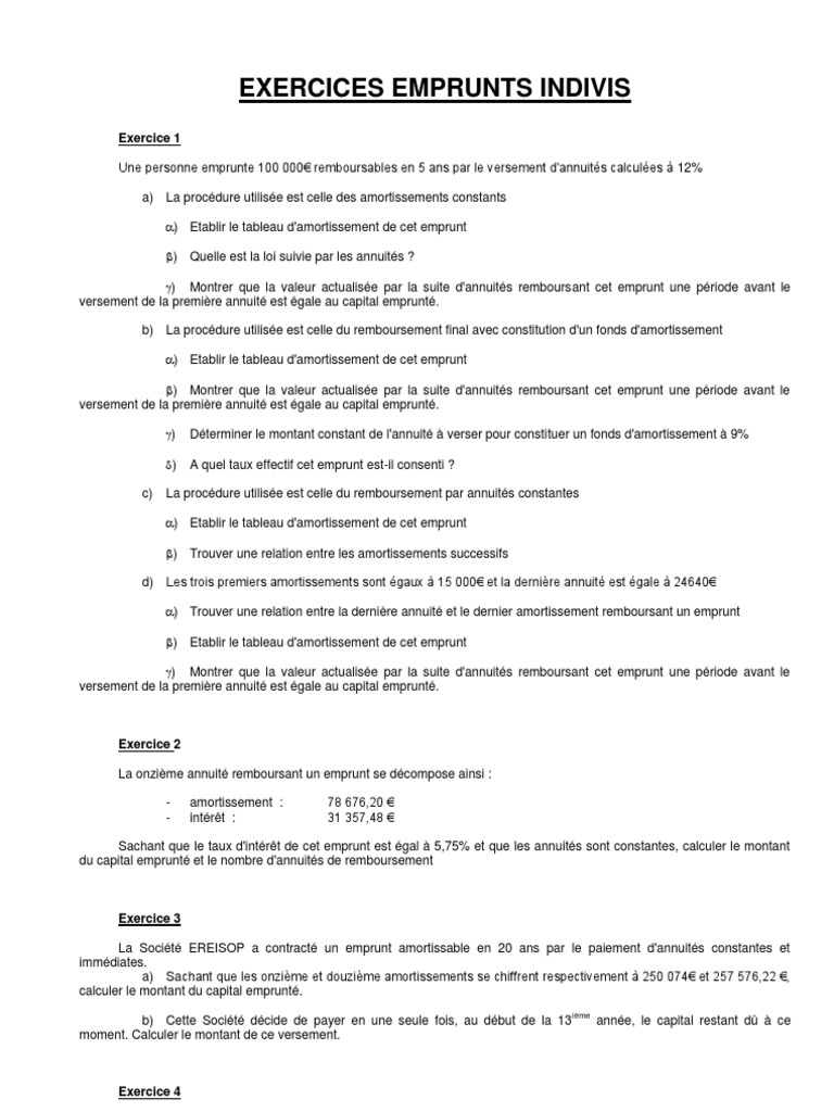 emprunts indivis exercices corrigs